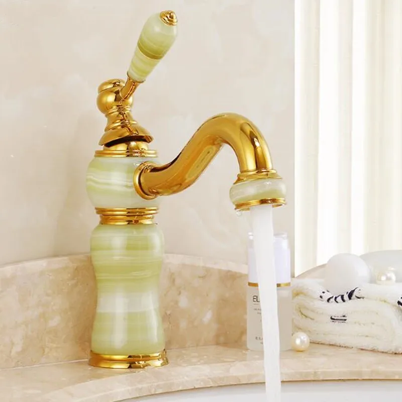 European style pure copper natural jade Gold bathroom faucet antique