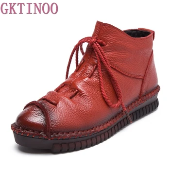

2019 Women Shoes Autumn Winter Female Genuine Leather Boots Handmade Vintage Style Ankle Boots Lace-Up Fashion