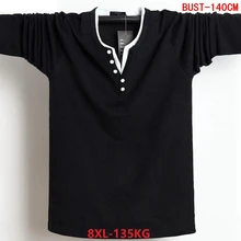 Мужская футболка 8XL с длинными рукавами большого размера Осенняя Повседневная футболка с пуговицами хлопок 6XL 7XL простая темно-синяя футболка с v-образным вырезом