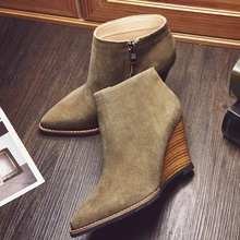 2016 Women s Autumn Wedge Ankle Boots Pointed Toe Brand Designer Short Booties Female Footwear Genuine