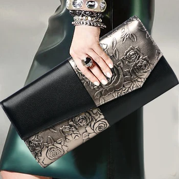 

Fashion Embossed Flower Pattern Lady Clutch Purse Genuine Leather Top Leather Cover Vintage Envelope Bags Shoulder Crossbody Bag