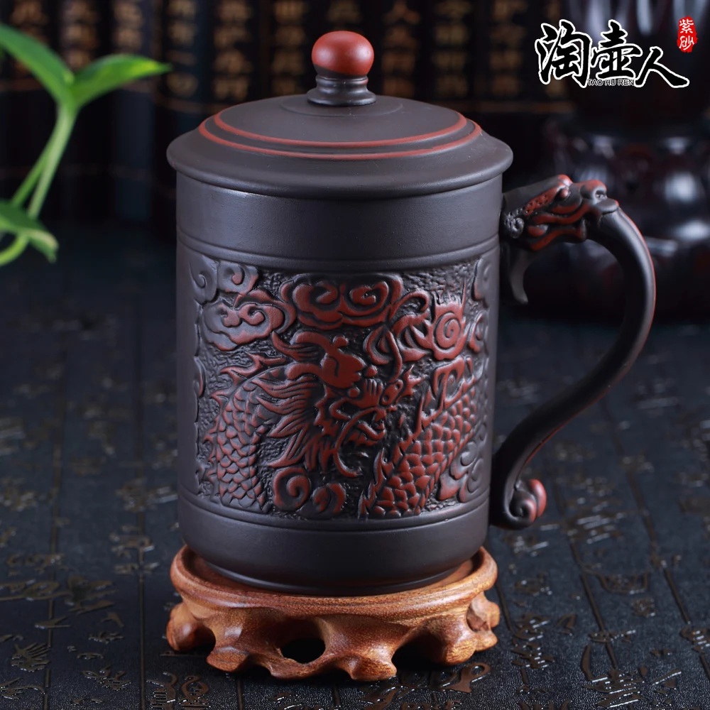 Китайский стиль, 500 мл, фиолетовая глина, большие чашки для чая, Классическая керамическая чашка с двойным тиснением, Дракон и Феникс