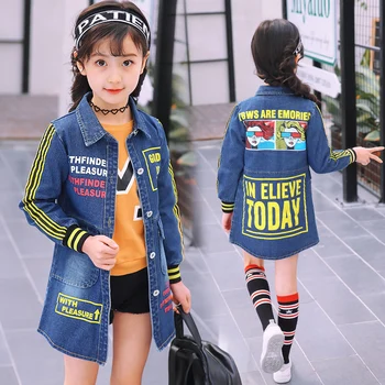 

2018 Spring Autumn Kids Dark Denim Jackets Girls Letter Patern Long Jeans Coat Fashion Loose Coat For 6-11T Children Outwears