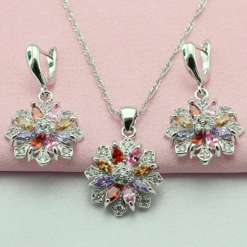 WPAITKYS Flower Multicolor Cubic Zirconia Silver Color Jewelry Sets For
