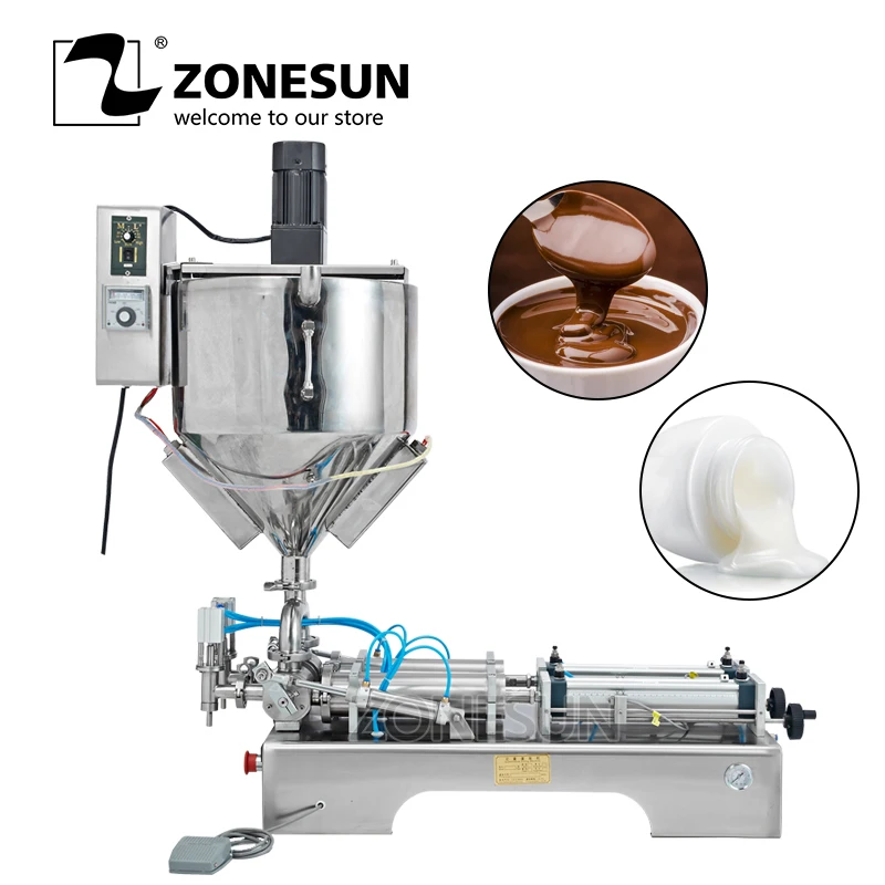 

ZONESUN Mixing with Heater Filler Very Viscous Material Paste Sugar Chocolate Sauce Packaging Equipment Bottle Filling Machine