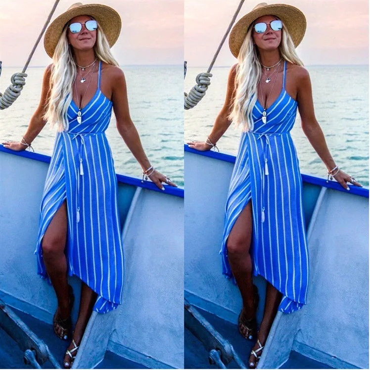

Losssky Women Summer Boho Maxi Long Dress Striped Halter Evening Party Beach Dresses Sundress Irregular Bohemian Beach Dresses