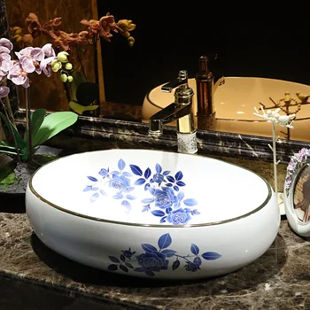 

Oval blue rose China Handmade Lavabo Washbasin Art wash basin Ceramic Counter Top Wash Basin Bathroom Sinks vessel sink bowls