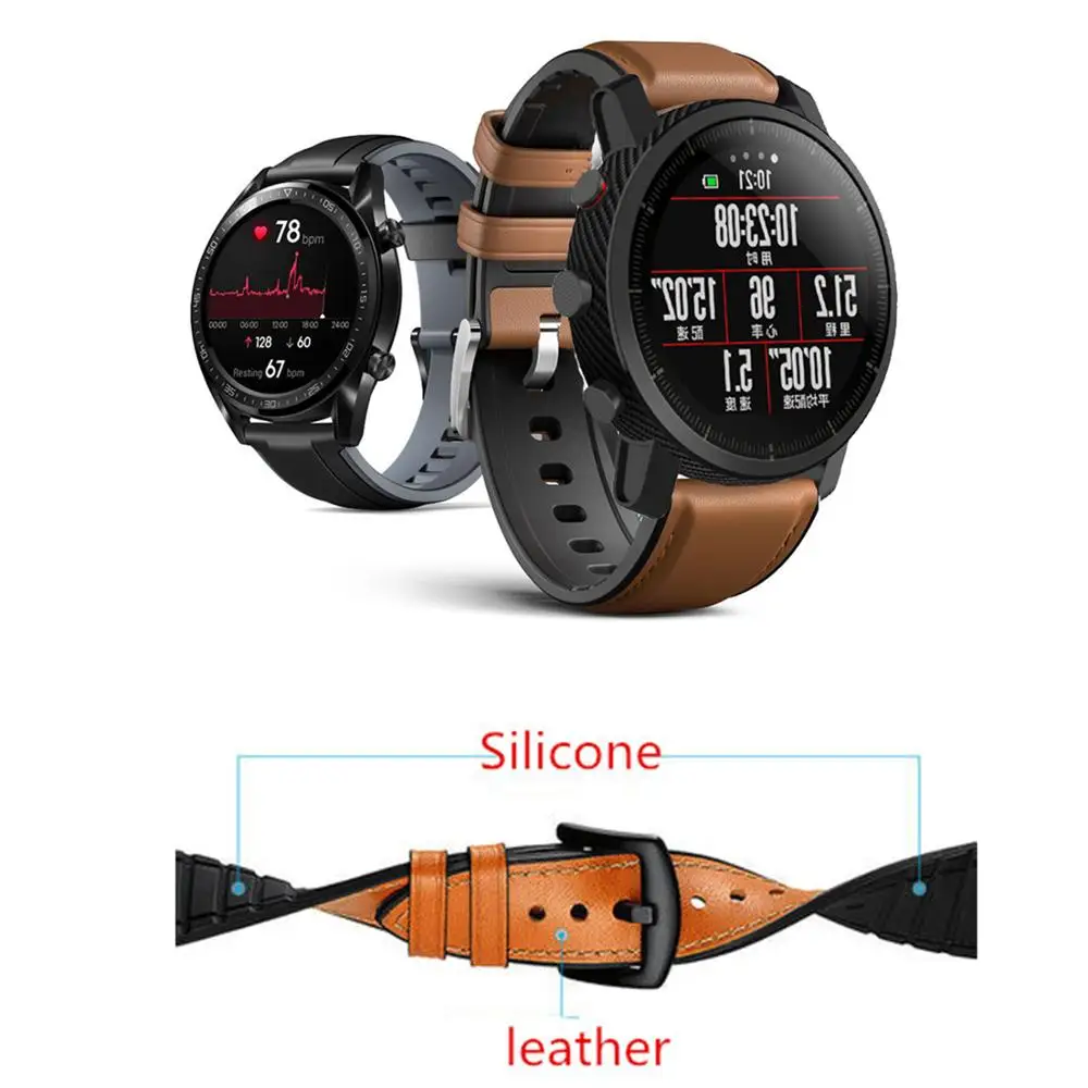

Band Genuine leather Silicone For Amazfit pace stratos 2 Strap for Huawei Watch GT/ Samsung Galaxy Watch 46mm Watchband