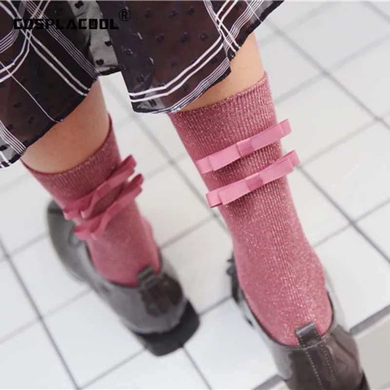 

[COSPLACOOL]Harajuku Gold Silver Shiny Bowknot Socks Women Japanese Novelty Hipster Meias Skarpetki Glitter Chaussette Femme