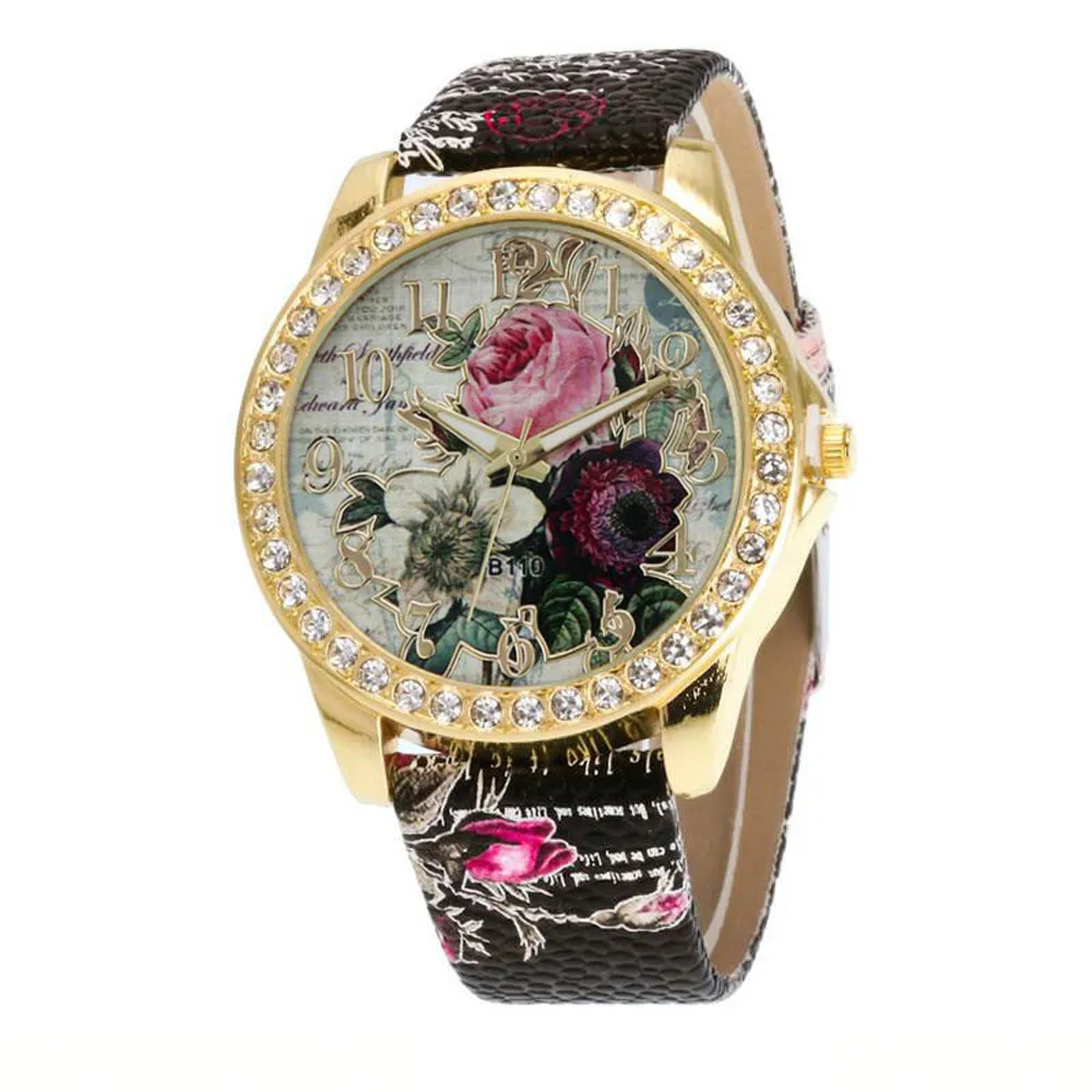 

Top Brand Luxury Wristwatch Ladies Rose Pattern Leater Bracelet Watches new Design fashion Rhinestone Casual Watch Relojes