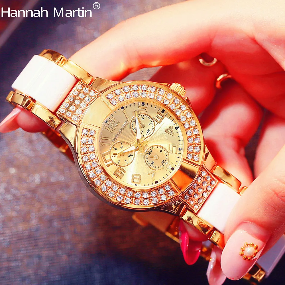 Hannah Martin 2017 Роскошный Стали Кварцевые Часы Женщины Горный Хрусталь женщины Дамы