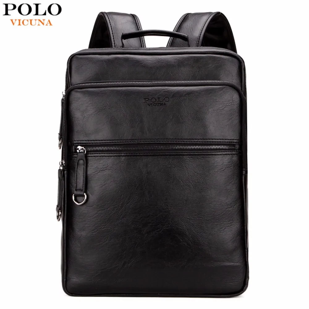VICUNA POLO Large Capacity Cool Black Leather Men Backpack Promotion Solid Black Mens Laptop Backpack Leather Backpack mochila