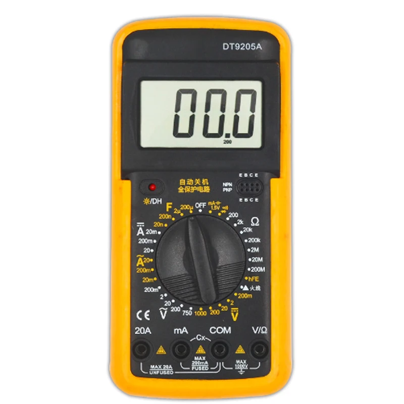 

DT9205A LCD Professional Digital Multimeter Electric Handheld Ammeter Voltmeter Resistance Capacitance hFE Tester AC DC 20A