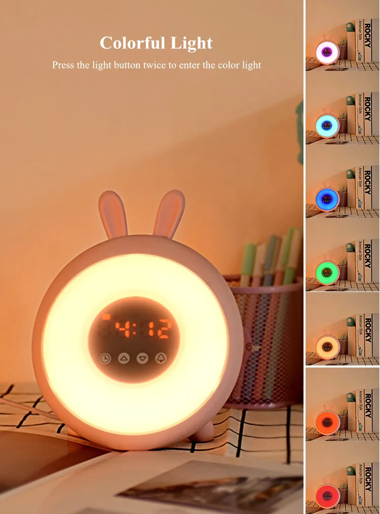 Bunny Alarm Clock with Touch Sensor Colorful LED Night Light Sunrise Sunset Modes Stepless Dimming Rabbit Bedroom Bedside Lamp (9)