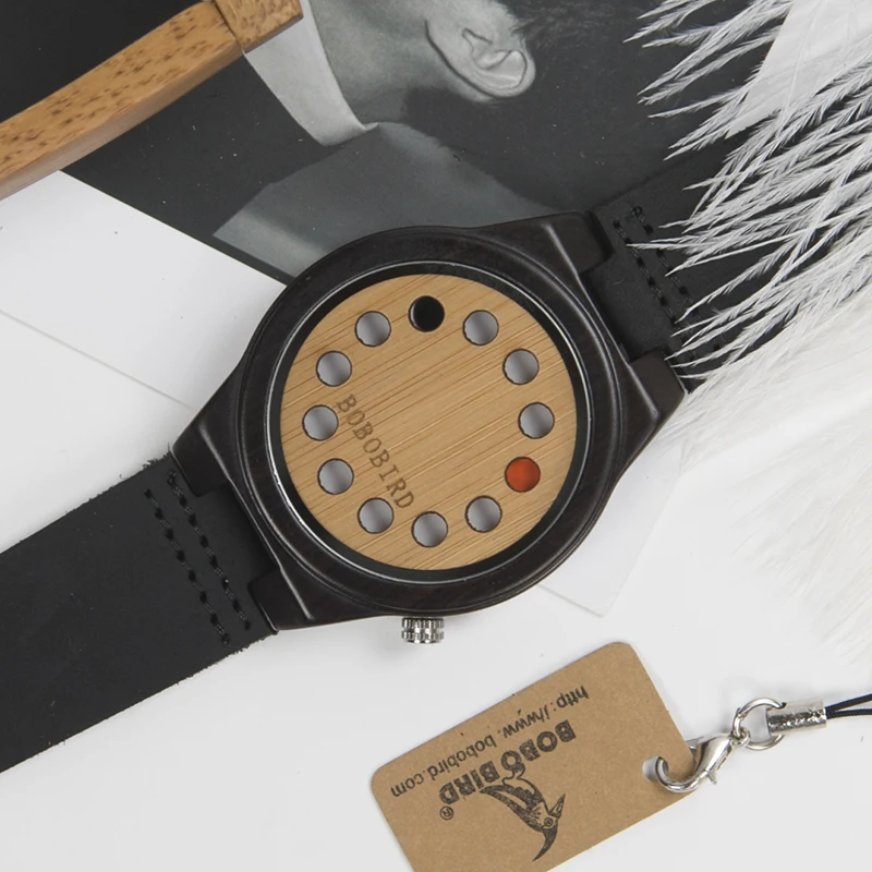 BOBO BIRD WB17 Mens Watches Top Brand Luxury Black Sandalwood Bamboo 12 Holes Dial Quartz Watches With Real Leather Band OEM