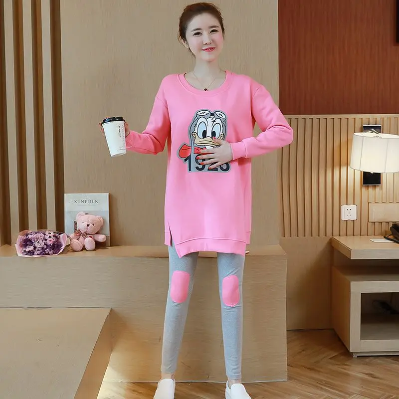 

New autumn and winter clothing Korean fashion pregnant women suit sweet print pattern shirt + stomach lift pants two-piece