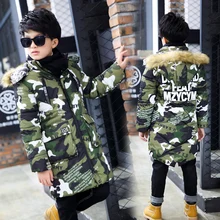 2016 camouflage Enfants Doudoune Long et Épais de Garçon Manteau D’hiver Duvet de Canard Enfants Vestes D’hiver pour Garçon Survêtement De Fourrure col