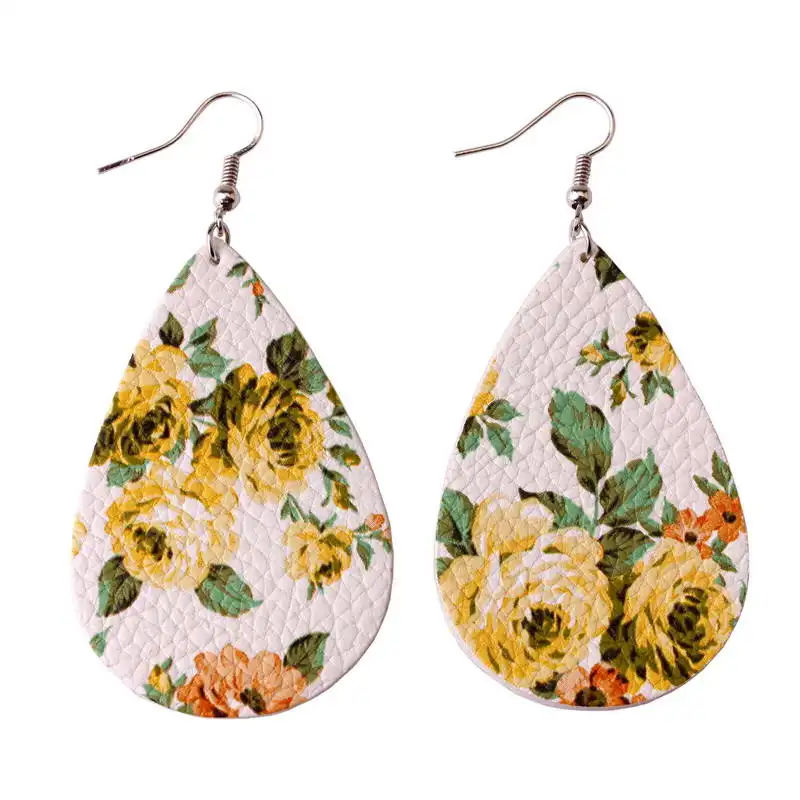 

ZWPON 2018 New Spring Printed Rose Flower Leather Earrings for Women Boho Personalized Silver Korean Water Drop Earrings Jewelry