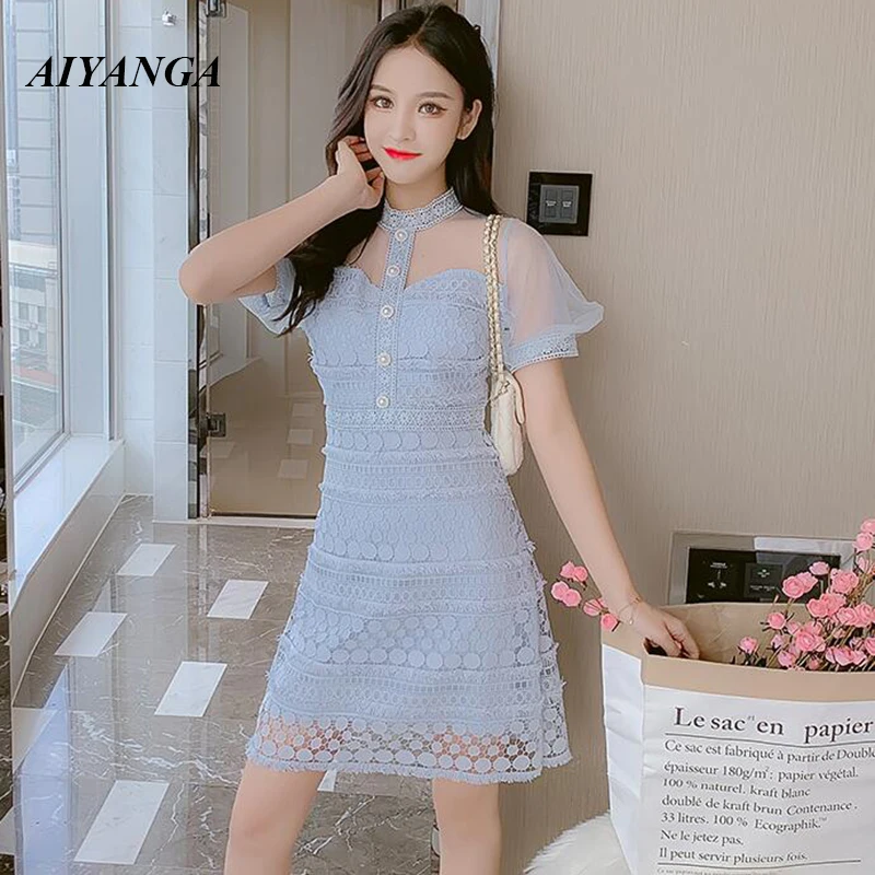 

2019 High Quality Women Elegant Lace Dress Casual Puff Sleeve Mesh Patchwork See-through Women Clothing Female Sexy Dresses