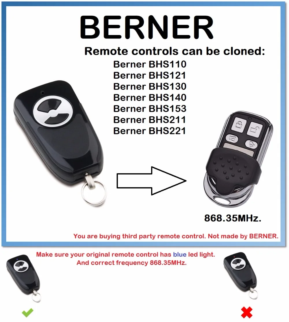 

Berner BHS121 Universal Remote Control Duplicator 868.35MHz