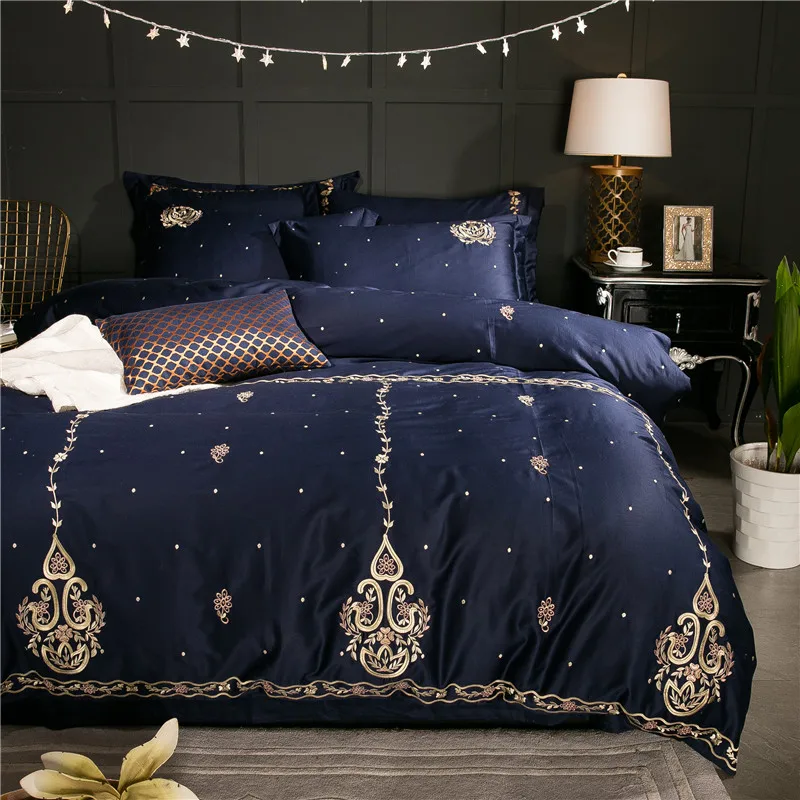 

Blue European Style Exquisite Embroidery 60s Satin Long-staple Cotton Bedding Set Duvet Cover Bed Linen Bed sheet Pillowcases