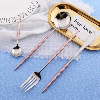 

Hot Sale 4 pieces Bamboo Portugal Pink and silver Dinnerware 304 Stainless Steel Western Cutlery Kitchen Food Tableware Set