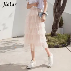 Jielur торт Женская юбка из тюля Harajuku Kawaii милая девушка корейский сетчатая юбка на лето и весну Высокая талия белый розовый Faldas Mujer 2019