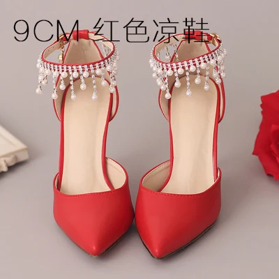 Женские босоножки; женские туфли на высоком каблуке с пряжкой и ремешком на щиколотке; цвет белый, жемчужный, бриллиантовый, с кисточками; свадебные туфли с острым носком на тонком каблуке; открытые туфли - Цвет: 9cm heel red