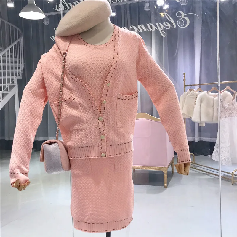 ALPHALMODA Autumn Winter Elegant Knitted Cardigans+ Short-sleeved Knit Dress Women OL Casual Suits