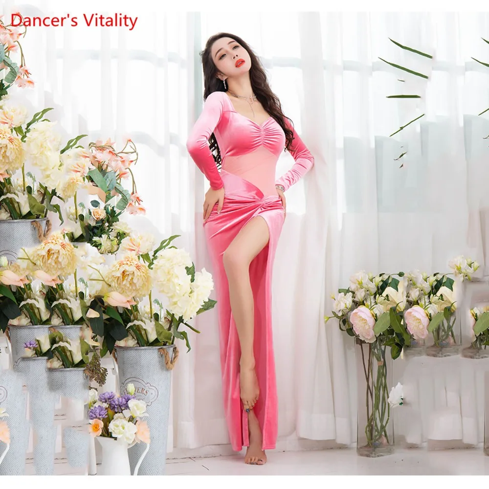 

New Sexy Dress Velvet+Mesh Women Bellydance Dress Costume Side Split Dancer Show Wear Dark Blue Pink Free Shipping