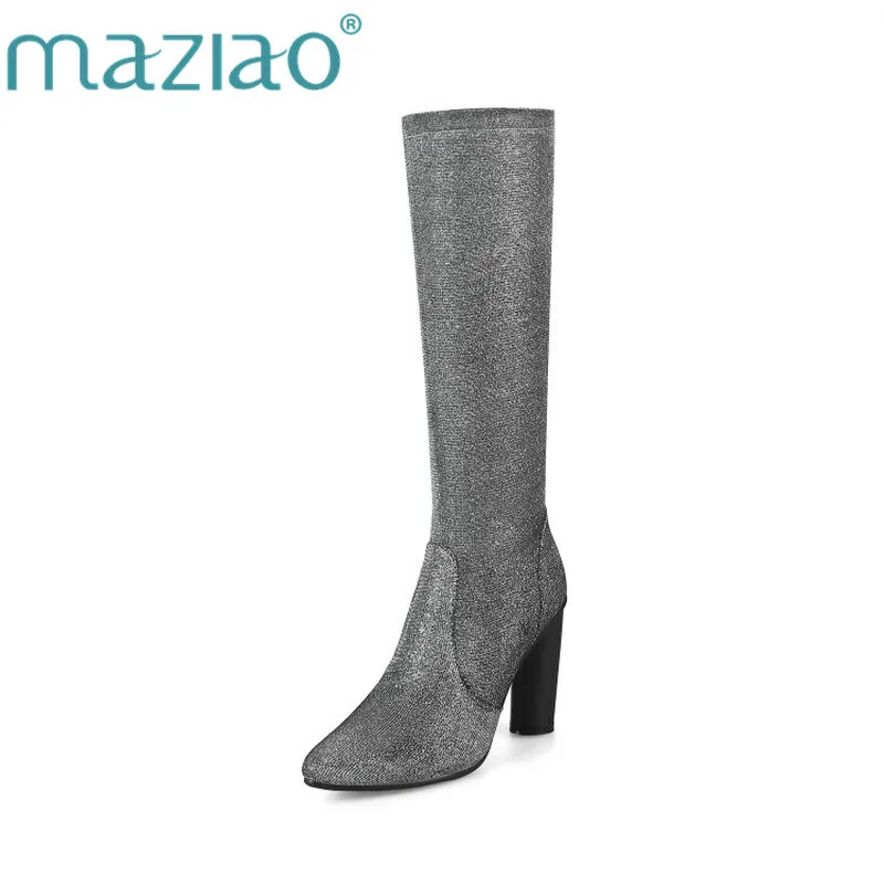 

MAZIAO New Winter Women Knee High Boots Fashion Sexy Sequined Cloth Pointed Toe High Heel Boots Luxury Gold Silver Ladies Shoes