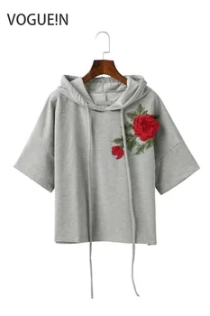

VOGUEIN New Womens Fashion Casual Embroidery Floral Applique Hoodies Short Sleeve Short Pullover Tops Size SML Wholesale