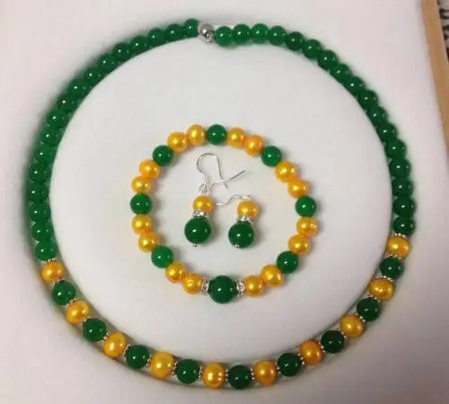 

8-8.5MM Cultured Pearl/Green Jade necklace Bracelet Earrings 8K GP style Noble Natural jade (A0423)