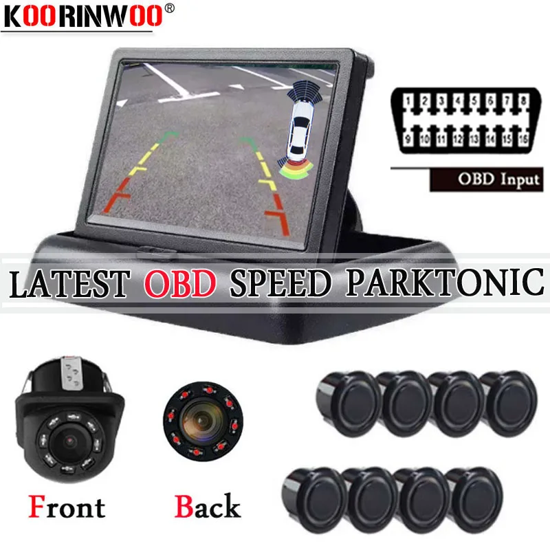 

Koorinwoo Car OBD Speed System For 4 Parktronic Front Parking Sensors 8 Radar Alert Backup Folding Display Auto Backlights Blind