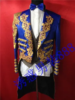 

Film Fit Blue Best Man Suits Groom Tuxedos Men's Gold embroidery LAPEL Long Groomsman /Tailcoat Wedding/Prom Mag Jacket Custom