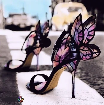 

Luxury Multicoloured Butterfly-print Sandals Women Ankle Strap Cover Heel Butterfly-knot Wedding Shoes Bride Hollow Heels Sandal