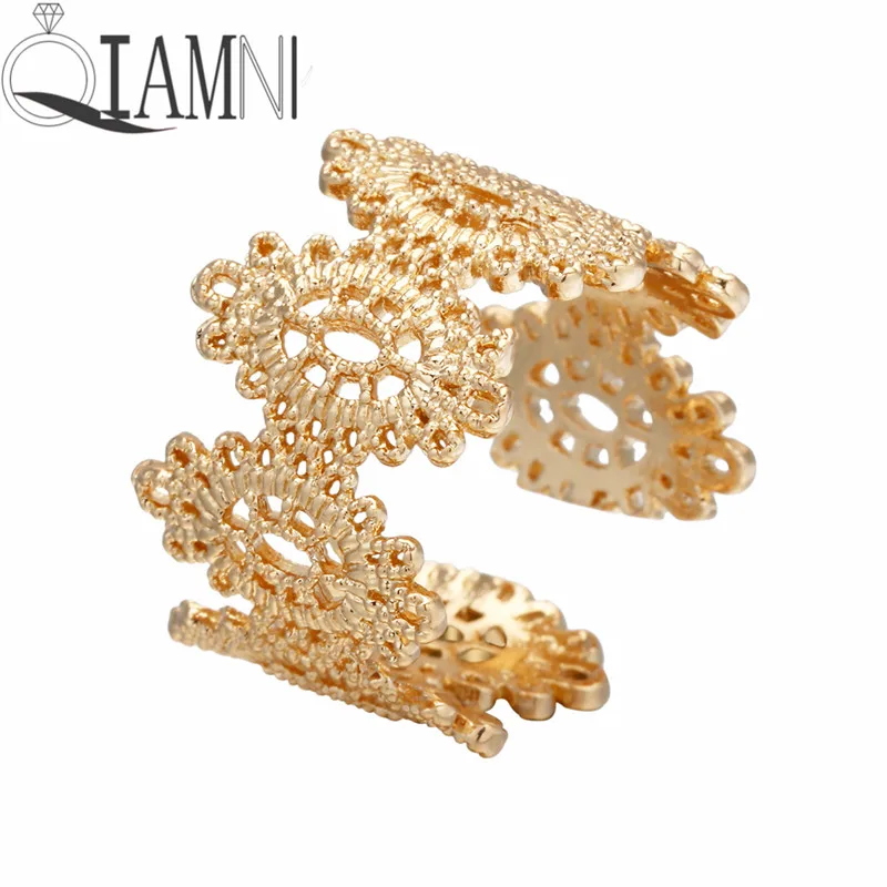 

QIAMNI Trendy Adjustale Wide Flower Knuckle Rings For Women Classic Court Bohemia Wedding Band Gold Ring Bague Femme