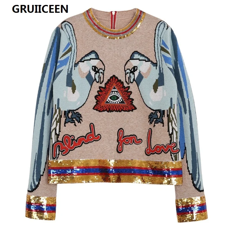 Multi Streetwear Lettres De Zipper Luxe Chandail Femmes Appliques Gruiiceen Pollovers Tops Avec Paillettes Tricoté Retour Cavaliers Yy76Ivbfg