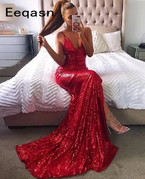 

Red Sequined Mermaid Prom Dresses 2020 Sexy Backless Slit Long Rose Gold Sparkly Maxys Evening Dress Party For Women