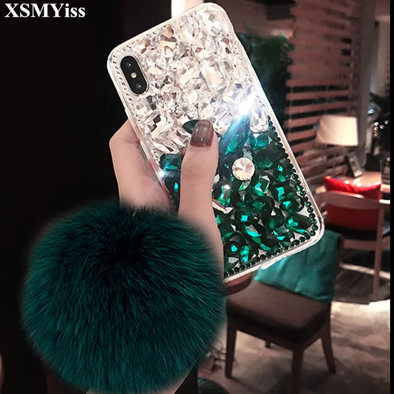 

XSMYiss Luxury Fashion Bling Crystal Diamond Case Cover With Fox Fur Ball Pendant For iphone X XS MAX XR 5S 6S 7 8 PLUS