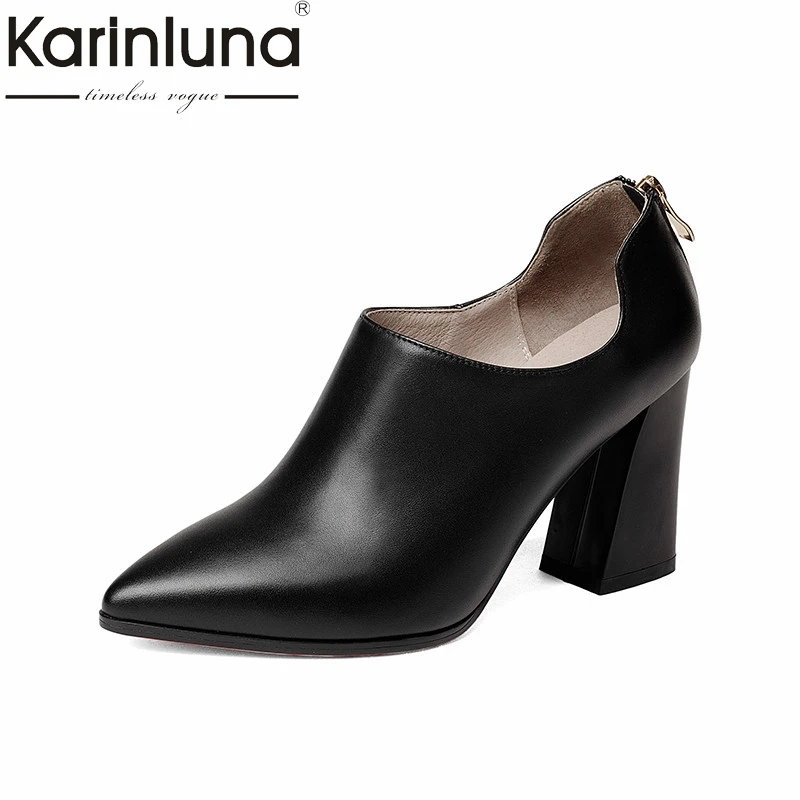 

KarinLuna 2018 spring autumn fashion elegant cow leather women deep pumps zip high hoof heels ol shoes woman black lady work