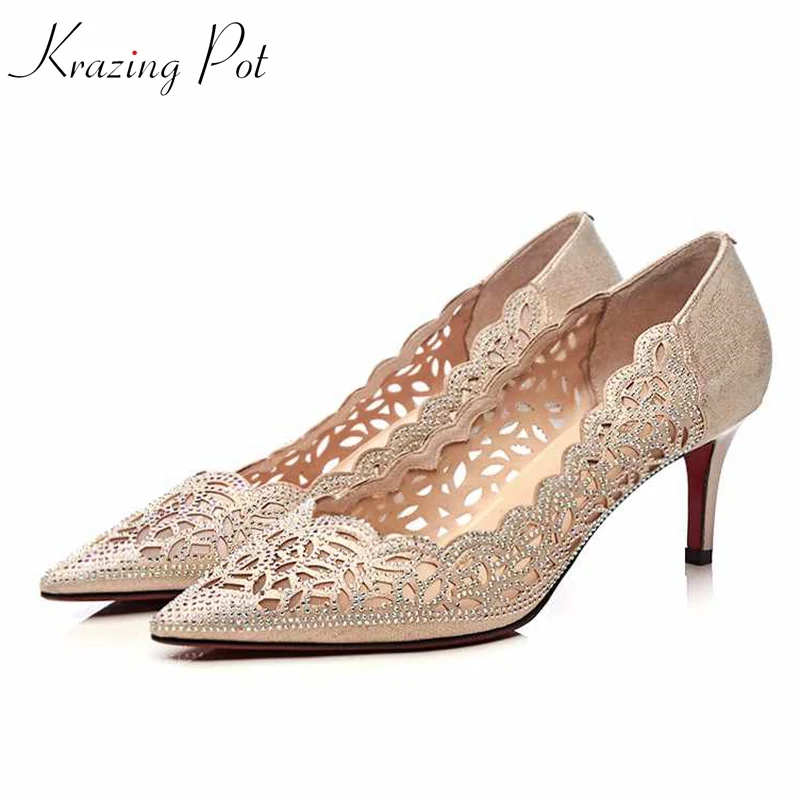 

Krazing pot natural leather pointed toe crystal beading hollow spilled star decoration vintage European style stiletto pumps L23