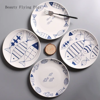 

Creative hand-painted fish pattern ceramic tableware home decoration round fruit bowl western steak dessert breakfast plate