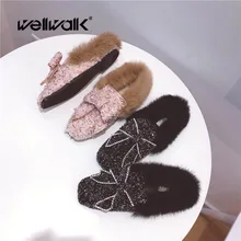 

Black Flat Shoes Women Fur Loafers Ladies Glitter Shoes Women Ballet Flats Slip On Fur Moccasins Square Toe loafers women fur