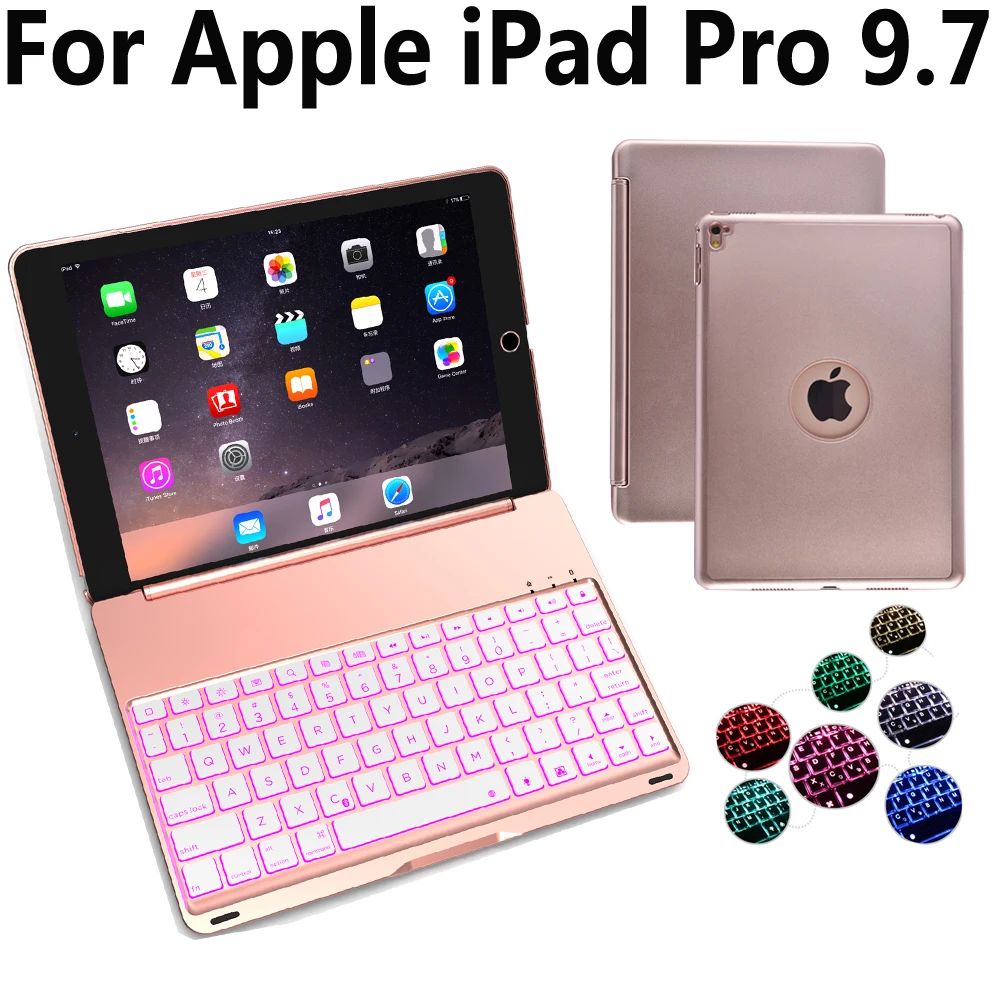 7 Colors Aluminum Wireless Bluetooth Keyboard Cover Case for Apple iPad Pro 9.7 A1673 A1674 with Screen Protector Film Stylus