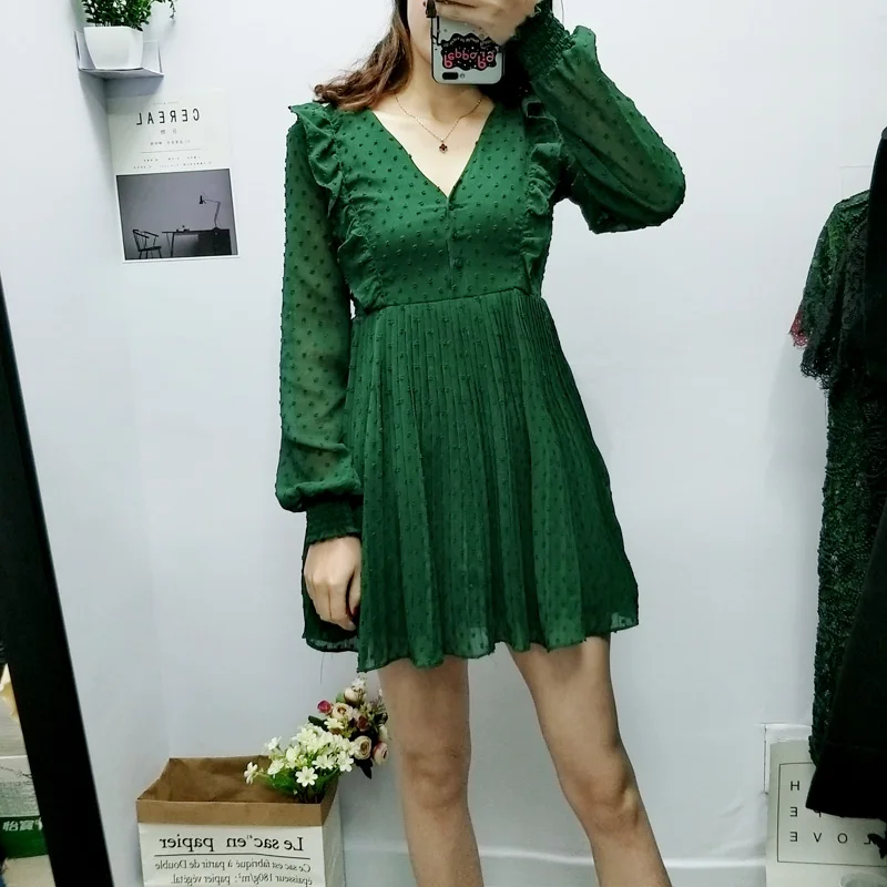

Women 2019 Spring Long Sleeve Lace dress V-neck Ruffles Patchwork Slim Waist A-line Green Dresses