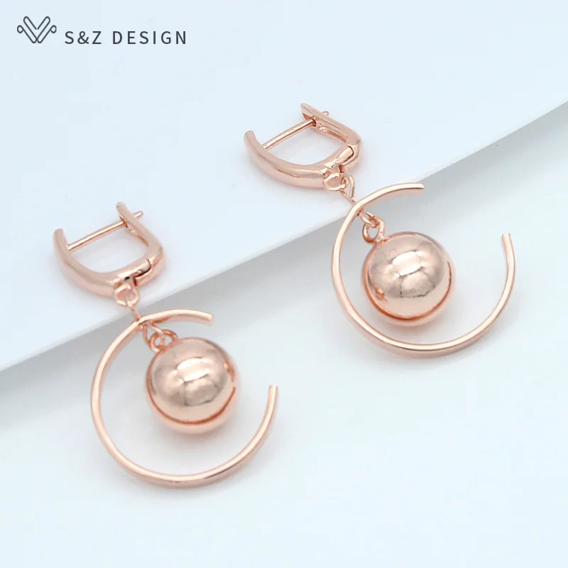 S&Z DESIGN New Fashion Hollow Spherical 585 Rose Gold Color Dangle Earrings For Women Wedding Fine Jewelry