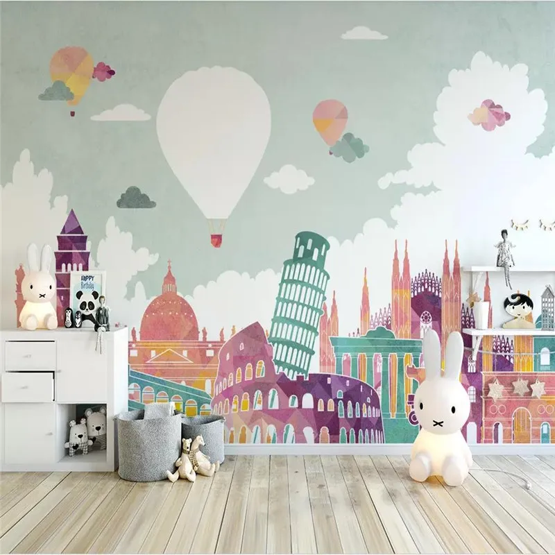 Custom Mural Wallpaper  Nordic Hot Air Balloon Building Children's Room Background Wall beach sand toy toys kids set children castle watering can playset buckets bucket toddlers toddler baby summer mini kid building