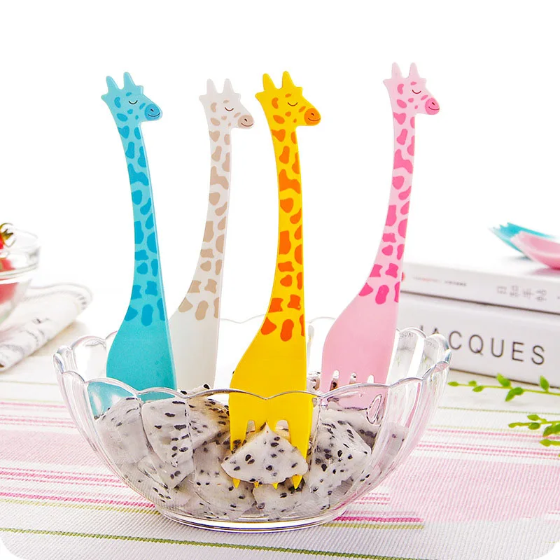 12pcs Cute Fruit Fork Children's Tableware Creative Giraffe Fruit Forks Cartoon Dessert Fork Set