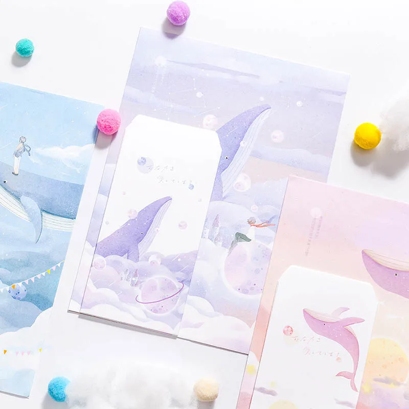 3 Envelopes+6 Letter Papers Dream Whale Paper Envelope Set Cute Forest Writing Paper Greeting Card Stationary Kids Festival Gift